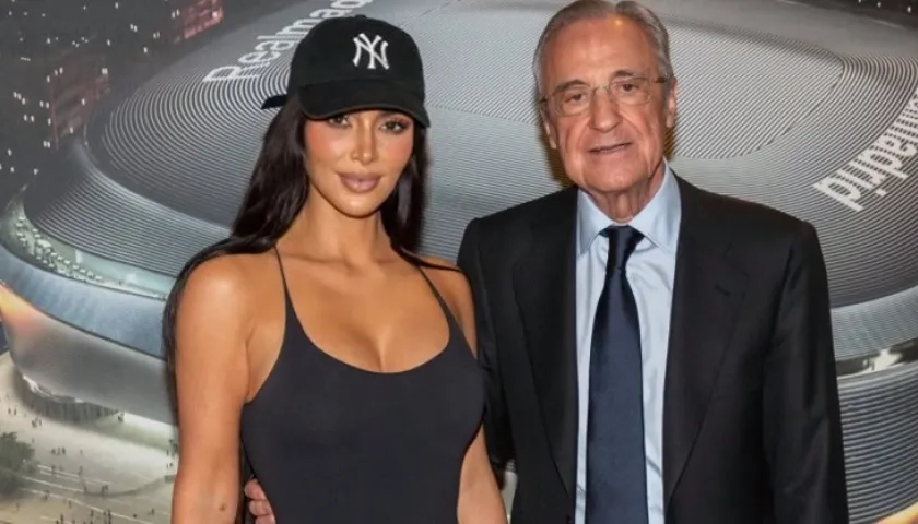 Kim Kardashian junto a Florentino Pérez, presidente del Real Madrid.