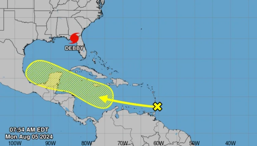 Franja amarilla por donde hará tránsito la nueva onda tropical, cerca de Colombia. 