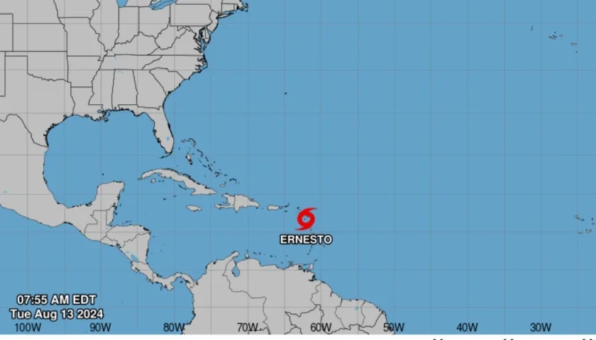 Lugar donde se encuentra en la mañana de este martes la tormenta tropical Ernesto. 