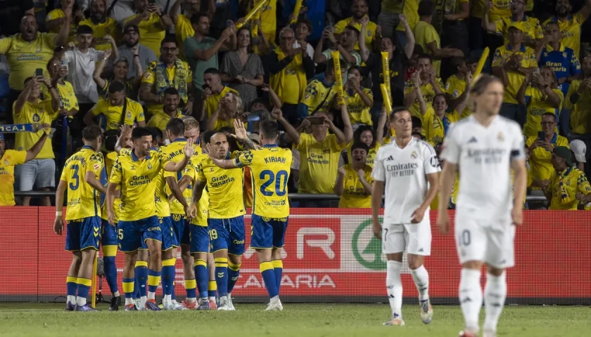 La celebración de los jugadores de Las Palmas tras el gol ante Real Madrid.