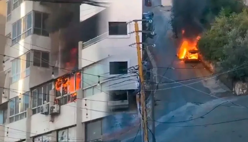 Incendios tras explosiones de aparatos de telecomunicaciones este miércoles en Líbano. 