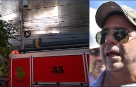 Bomberos controlan y sofocan el incendio. En la foto de la derecha, el Alcalde de Barranquilla, Alejandro Char.