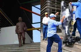 El proceso de embalaje de la escultura de Gabo en el Parque Cultural del Caribe.
