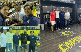 Alberto Caparroso, presidente de Titanes; Gianlucca Bacci, gerente del equipo; Tomás Díaz, coach de Titanes y el jugador puertorriqueño Jonathan Rodríguez.