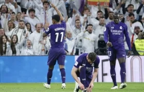 El delantero brasileño del Real Madrid Rodrygo Goes celebra su segundo gol durante el partido.