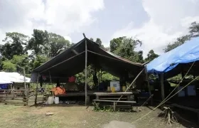 Migrantes de diferentes nacionalidades cruzan un campamento en medio de un operativo este sábado en plena selva del Darién.