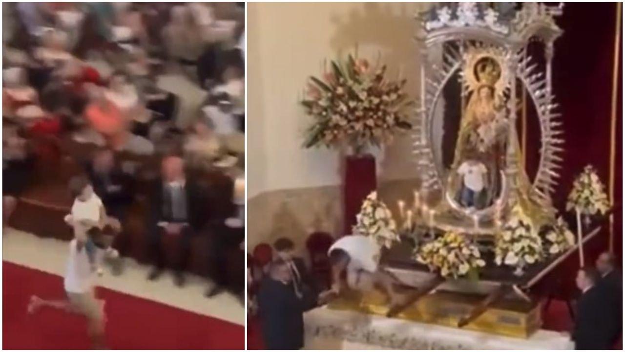 Hombre intenta sentar a su hijo al lado de la Virgen del Carmen. 