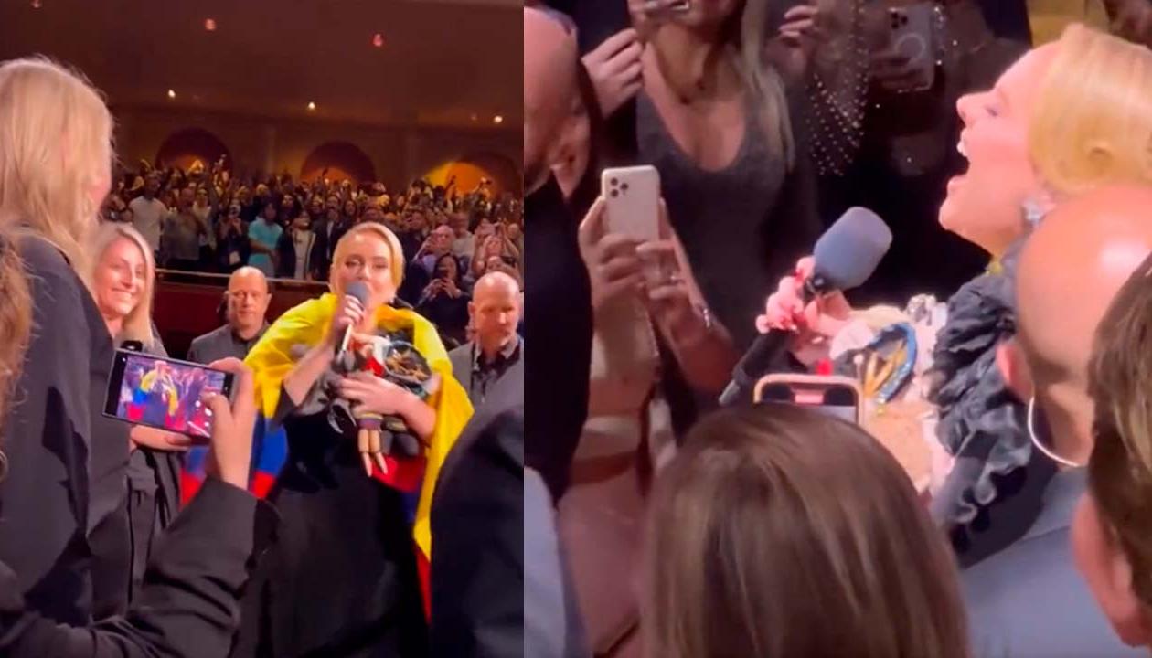 Adele con la bandera de Colombia en medio de un concierto.