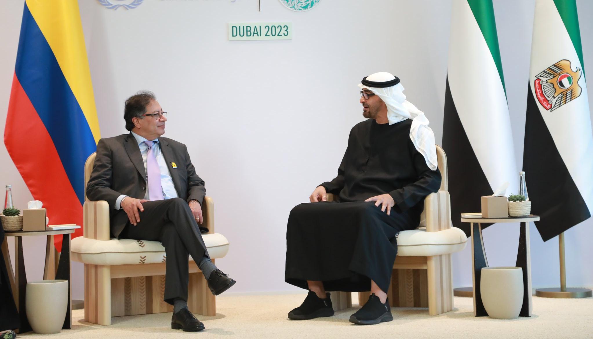 El Presidente Gustavo Petro con su homólogo de Emiratos Árabes Unidos, Mohamed bin Zayed Al Nahayan. 
