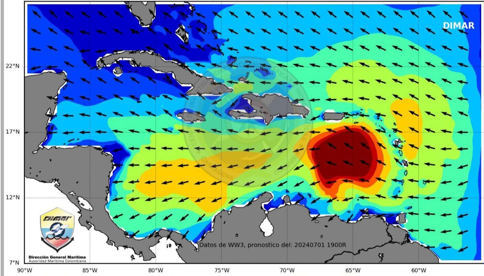 La mancha roja es donde se encuentra el huracán en el Mar Caribe. 