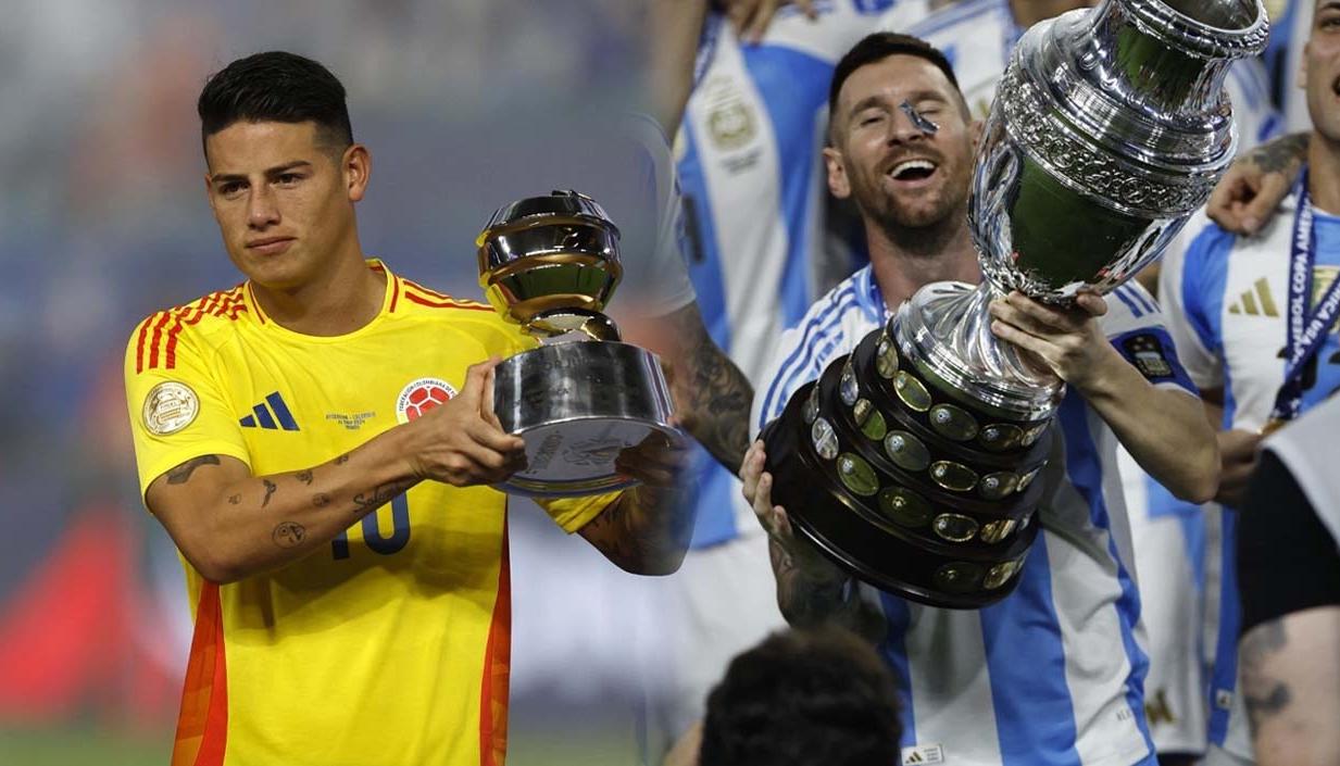 James Rodríguez con el trofeo de mejor jugador de la Copa América y Lionel Messi con el de campeón. 