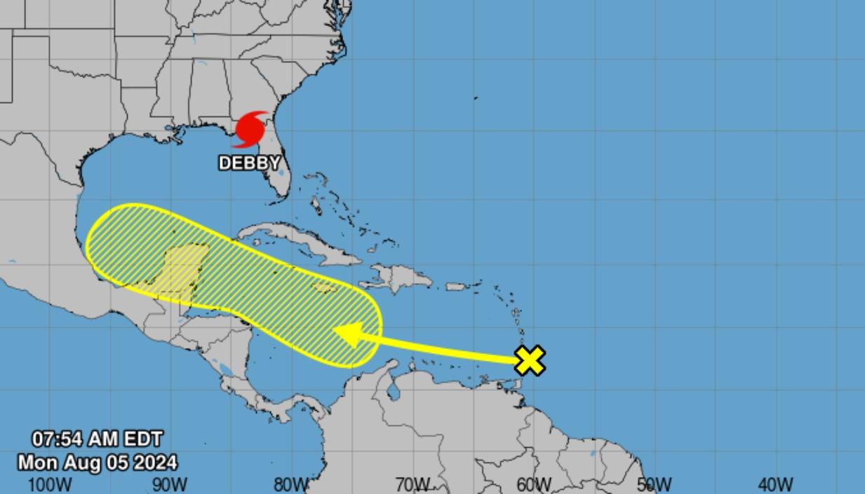Franja amarilla por donde hará tránsito la nueva onda tropical, cerca de Colombia. 