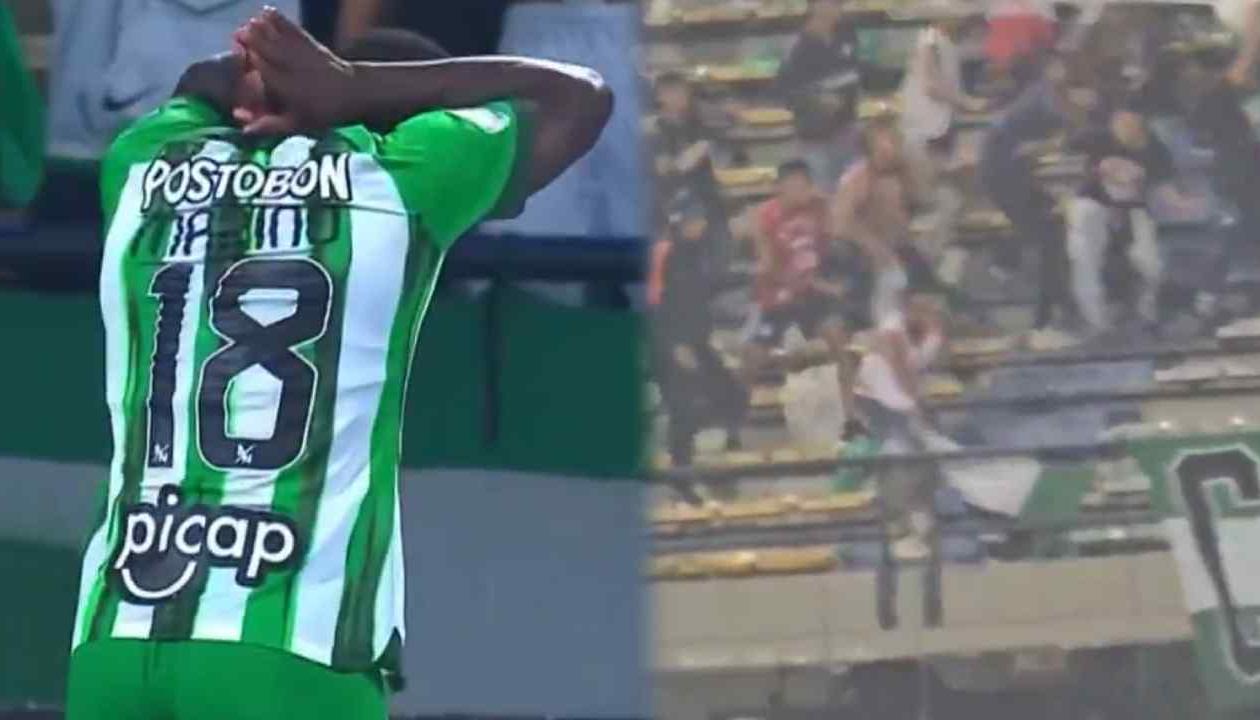 Polémica celebración de Marino Hinestroza y momento en que hincha de Junior roba un trapo de Nacional.