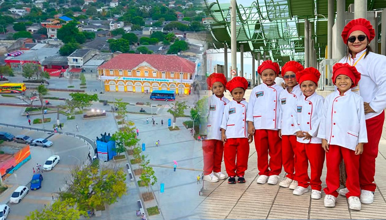 Imagen de la plaza de Puerto Colombia y Club de Cocina de 'Pequeños Chefs'. 