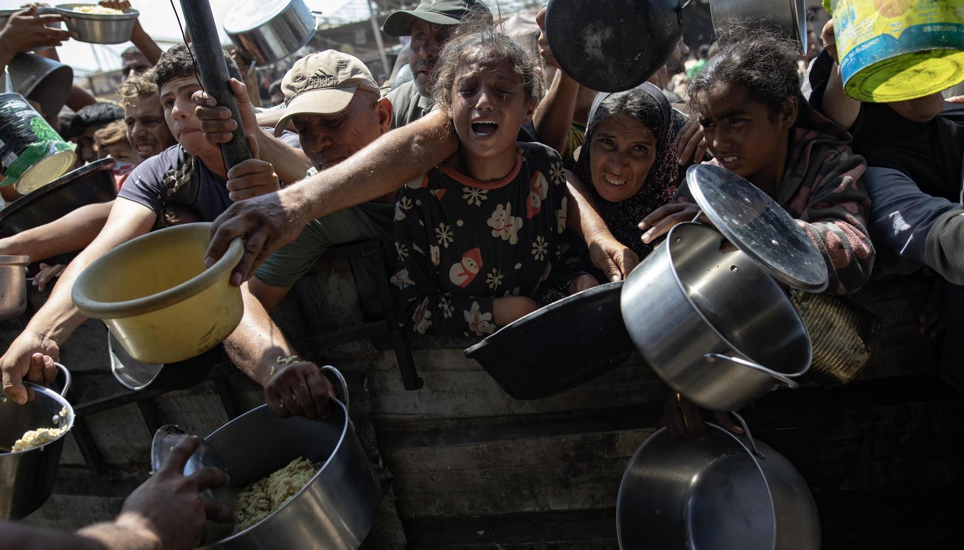 Palestinos desplazados reciben alimentos donados por organización benéfica.