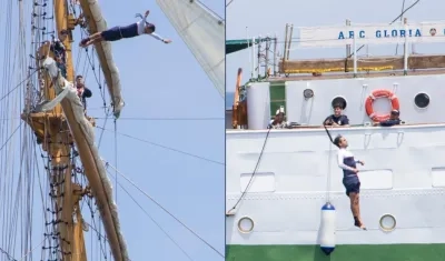 Momentos en que Orlando Duque salta desde el mástil más alto del buque Gloria.