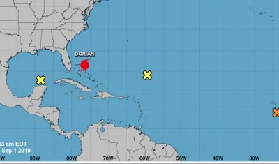 Fotografía cedida  por el Centro Nacional de Huracanes (NHC) donde se muestra el pronóstico de 5 días del paso del huracán Dorian por el Atlántico rumbo a las costas de la Florida.
