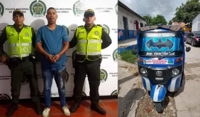 Luis Fernando Domínguez Pérez, presentado por la Policía y el motocarro robado.