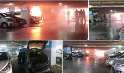 Los bomberos sofocaron las llamas de un carro compacto en parqueadero de centro empresarial Buenavista.