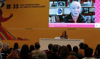 La etóloga inglesa Jane Goodall (pantalla) participa en un conversatorio de manera virtual, durante la 35 edición de la Feria Internacional del Libro (FIL), hoy, en Guadalajara (México). 