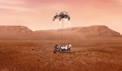  Fotografía cedida este miércoles por la Nasa que muestra una ilustración del rover Perseverance mientras aterriza de forma segura en Marte. 