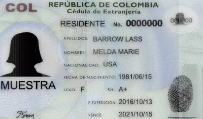 Modelo de cédula de extranjería con categoría de residente en Colombia