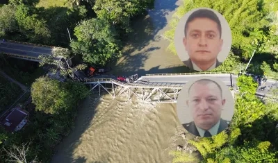El puente colapsado y los dos policías fallecidos, Jose David Márquez Floréz y Nelson Fabian Salgado Pérez