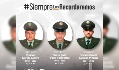 Renson García, Samir José Vega y Jerson David Cuevas, patrulleros asesinados.
