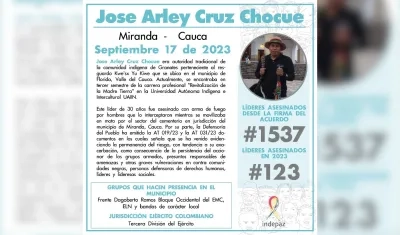José Arley Cruz, líder indígena asesinado.