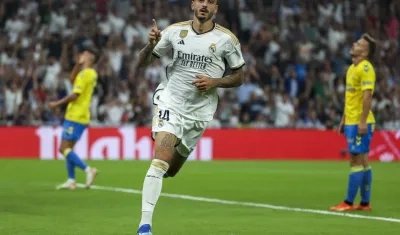 Joselu marcó, de cabeza, el segundo gol del Real Madrid.