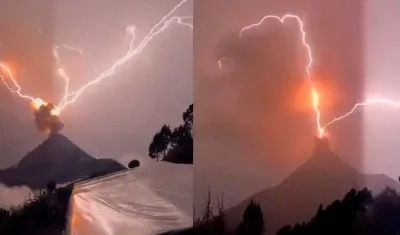 Dos escenas del volcán de fuego em Guatemala en plena caída de los rayos